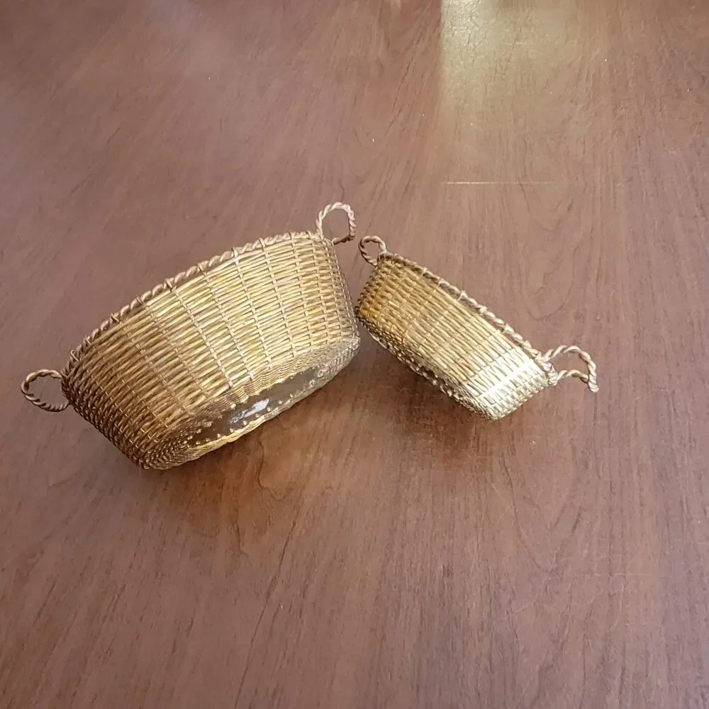 Vintage Brass Set of 2 Oval Brass Weaved Baskets